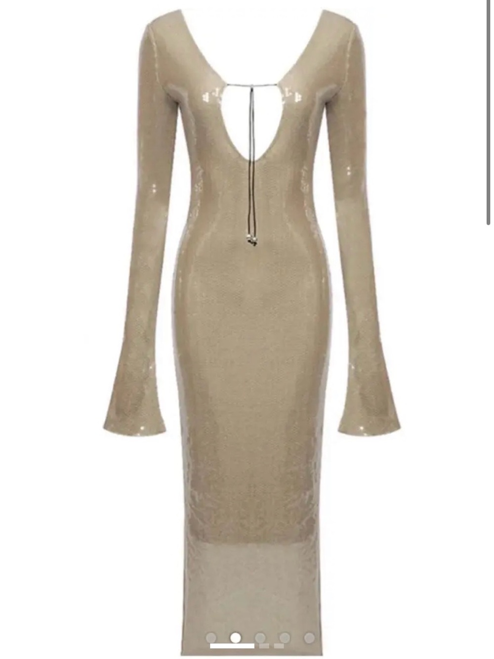 Long-Sleeve Beige Midi Bodycon Dress with Deep Scoop Back